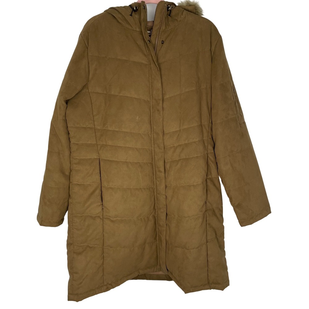 L.L.Bean Women's Tan Faux Suede Fur Trim Puffer Gorpcore Winter Jacket Size XL